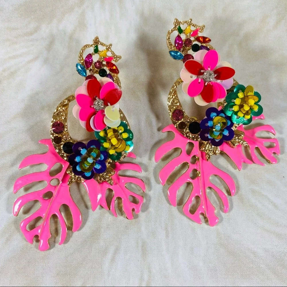 Baby Pink Tropical temptation earrings enamel Monstera leaves and fl…